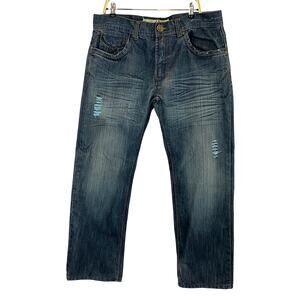 G-NET Flap Pockets Jeans Men 38x32 Blue Dark Wash Faded Western Whiskered Artsy